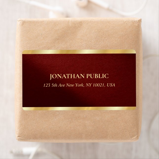 Stylish Bordeaux & Gold Text Template Shipping Label (Insitu)