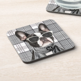 Stylish Boston Terrier Dog and Plaid Monogram Beverage Coaster