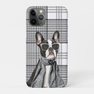 Stylish Boston Terrier Dog and Plaid Monogram iPhone 11 Pro Case