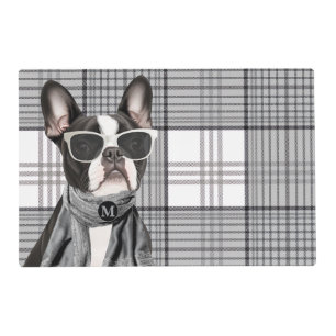 Stylish Boston Terrier Dog and Plaid Monogram Placemat