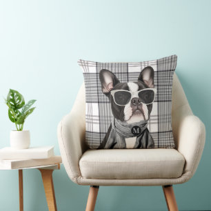 Stylish Boston Terrier Dog and Plaid Monogram Throw Pillow