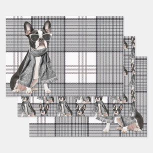 Stylish Boston Terrier Dog and Plaid Monogram Wrapping Paper Sheets