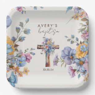 Stylish Botanical Baptism cross elegant Paper Plates