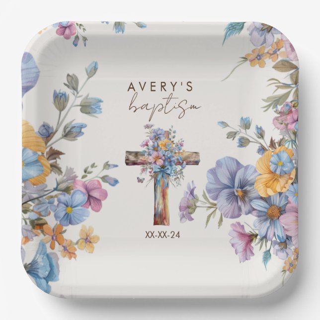 Stylish Botanical Baptism cross elegant  Paper Plates (Front)
