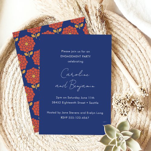 Stylish Botanical Blue Red Floral Engagement Party Invitation