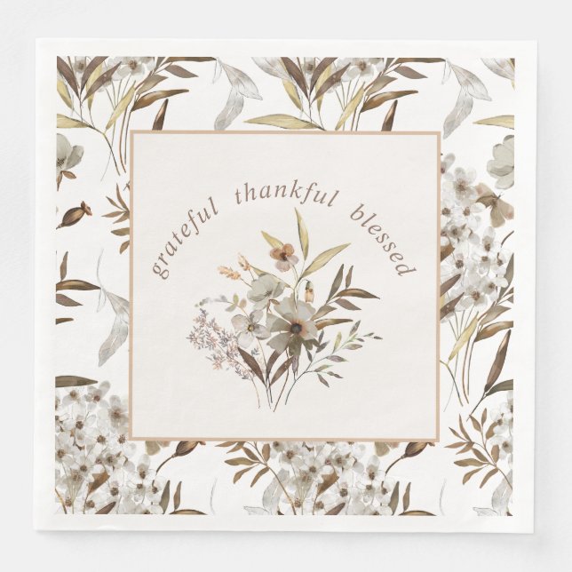 Stylish Botanical ‘Grateful Thankful Blessed'  Paper Dinner Napkins (Front)
