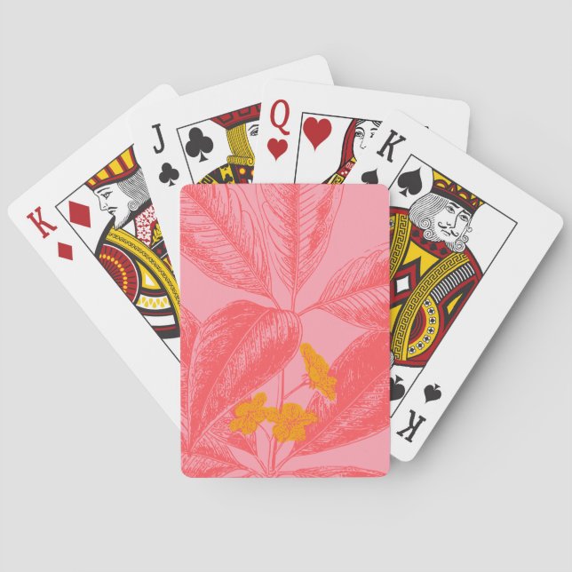 Stylish Botanical Leaf Nature Art in Pink and Red Poker Cards (Back)