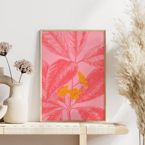 Stylish Botanical Leaf Nature Art in Pink and Red Poster
