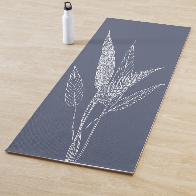 Stylish Botanical Leaves Minimalist Navy Blue Yoga Mat (In Situ)