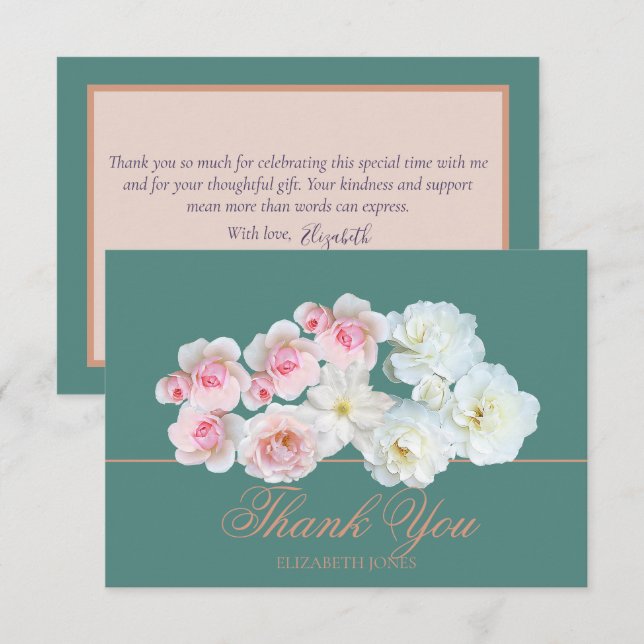 Stylish Botanical Pink White Rose Floral Thank You Card (Front/Back)
