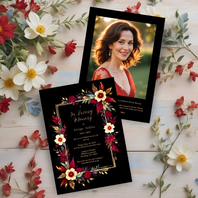 Stylish Botanical Red Shades Frame Photo Funeral Invitation (Stylish Botanical Red Shades Frame Photo Funeral Invitation Card. )