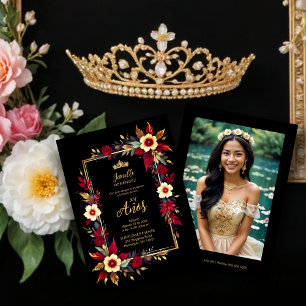 Stylish Botanical Red Shades Frame Photo Spanish Invitation