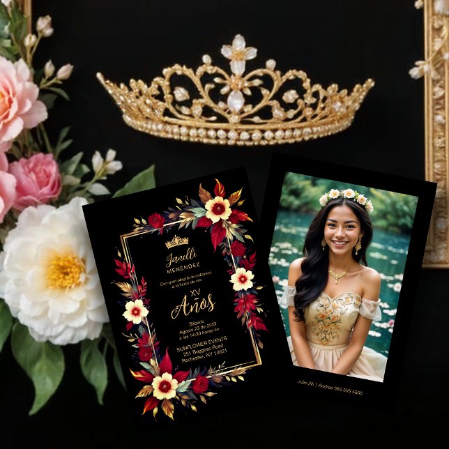  Stylish Botanical Red Shades Frame Photo Spanish  Invitation (Stylish Botanical Red Shades Frame Photo Spanish Photo Quinceañera Invitations)