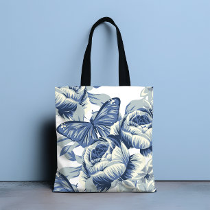 Stylish Botanical Vintage Blue Peony Flowers Tote Bag