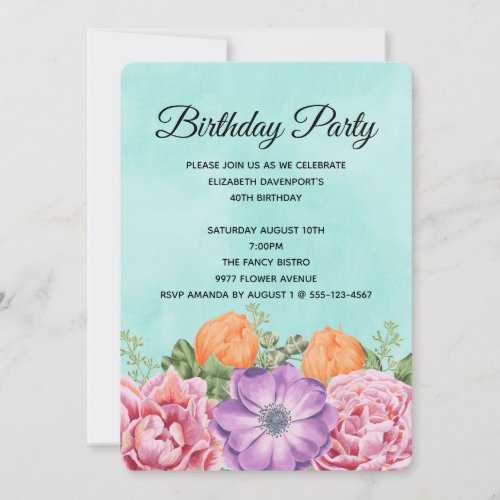 Stylish Bouquet of Watercolor Flowers Birthday Invitation