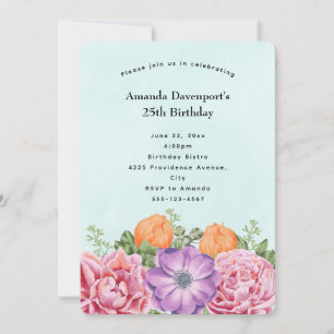 Stylish Bouquet of Watercolor Flowers Birthday Invitation