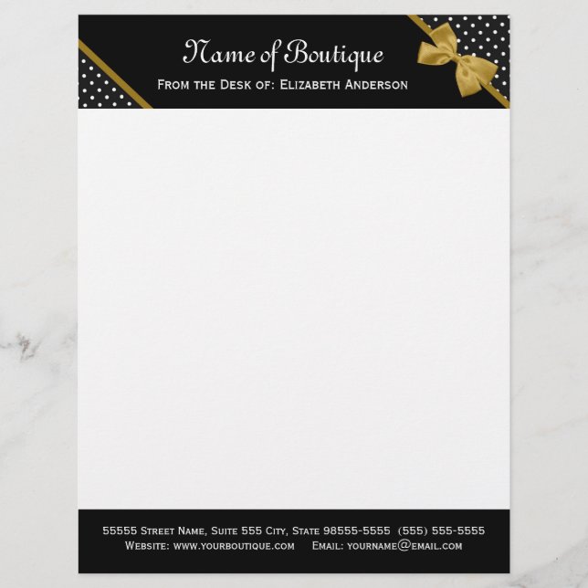 Stylish Boutique Polka Dots Elegant Gold Ribbon Letterhead (Front)