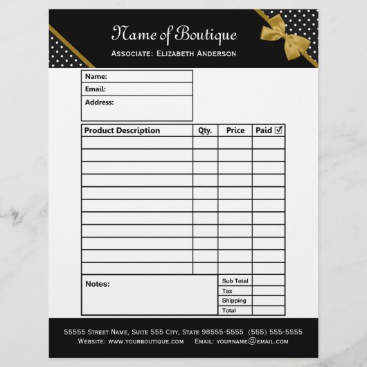 Stylish Boutique Polka Dots Gold Ribbon Order Form (Front)