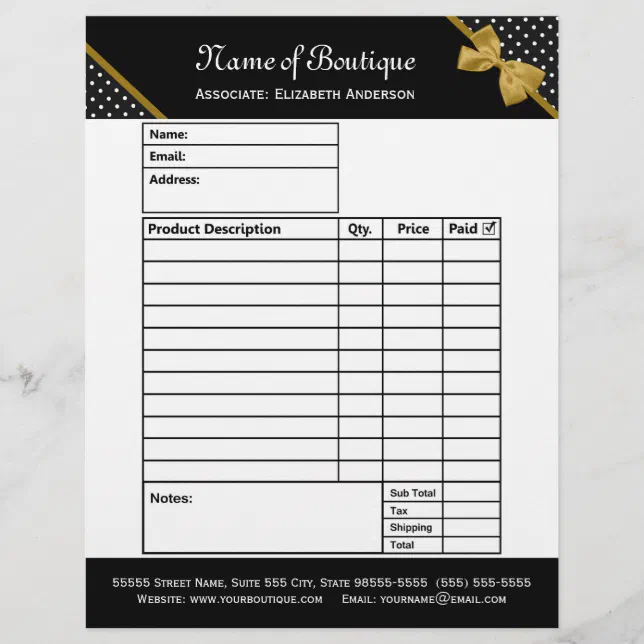 Stylish Boutique Polka Dots Gold Ribbon Order Form | Zazzle