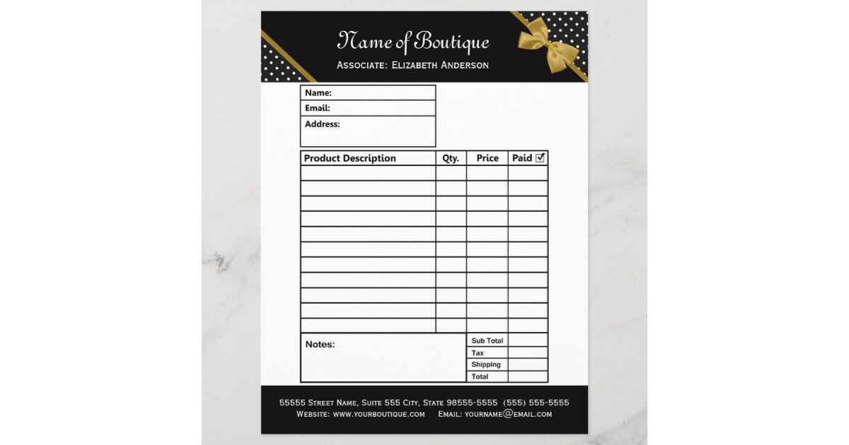 Stylish Boutique Polka Dots Gold Ribbon Order Form | Zazzle