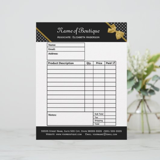 Stylish Boutique Polka Dots Gold Ribbon Order Form (Standing Front)