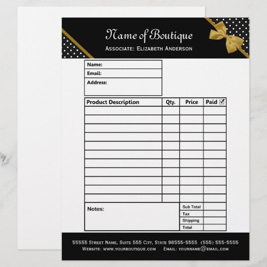 Stylish Boutique Polka Dots Gold Ribbon Order Form (Front/Back)