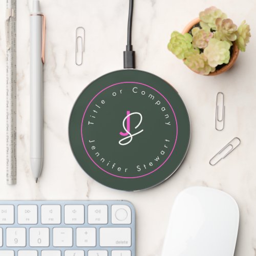 Stylish Branding Logo Dark Green Pink Monogram Wireless Charger