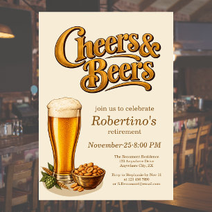 Stylish Brass Vintage Cheers & Beers Retirement Invitation