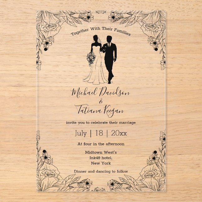 stylish bride and groom floral wedding  acrylic invitations (Front)