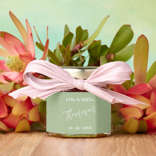 Stylish Bride Groom Last Name On Light Sage Green Honey Jar Favors (Insitu (Wedding))