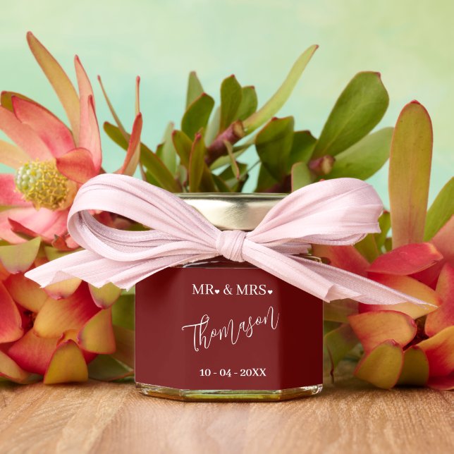 Stylish Bride Groom Last Name On Mauve Taupe Honey Jar Favors (Insitu (Wedding))