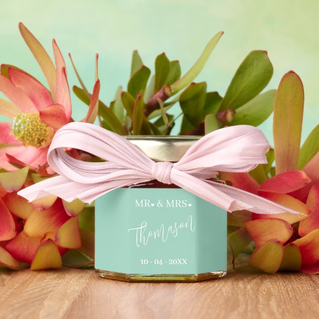 Stylish Bride Groom Last Name On Pastel Mint Green Honey Jar Favors (Insitu (Wedding))