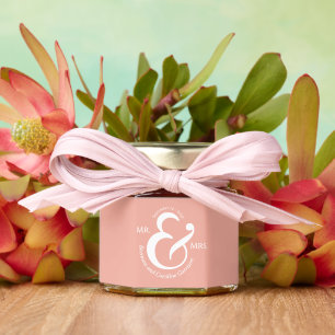 Stylish Bride Groom Names On Light Coral Peach Honey Jar Favors