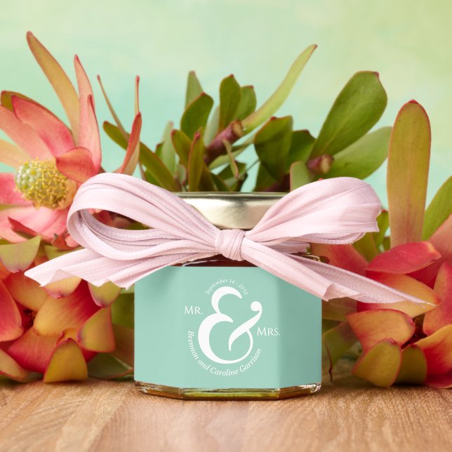 Stylish Bride Groom Names On Pastel Mint Green Honey Jar Favors (Insitu (Wedding))
