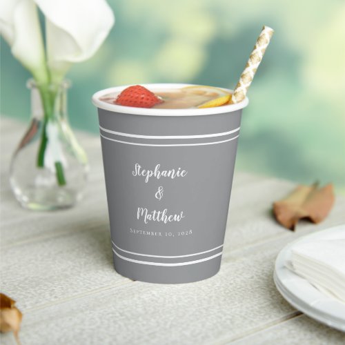 Stylish Bride  Groom Wedding Couple Gray  White Paper Cups