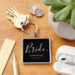 Stylish Bride Wedding Keychain<br><div class="desc">The perfect gift for any bride,  the fun and modern design features a stylish typography script "Bride" with cute little red love heart full stops. The design is easy to personalize with your name and established wedding date and will be the perfect keepsake from your special day.</div>