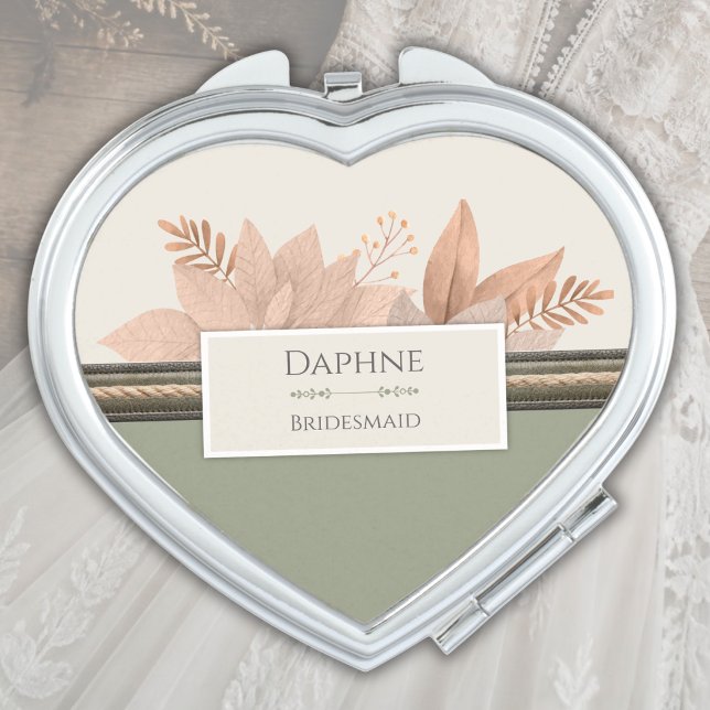 Stylish Bridesmaid Gift Boho Fall Wedding Compact Mirror (Stylish sage green botanical bridesmaid compact mirror. Perfect proposal box filler gift.)
