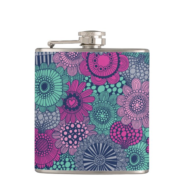 Stylish bright pattern of gorgeous flowers flask (Front)