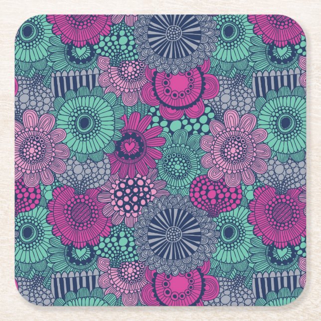 Stylish bright pattern of gorgeous flowers square paper coaster (Front)