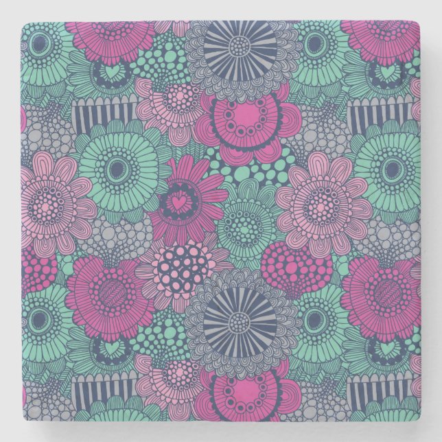 Stylish bright pattern of gorgeous flowers stone coaster (Front)