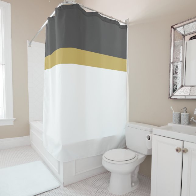 Stylish Bright White Dark Gray Gold Top Stripes Shower Curtain (In Situ)