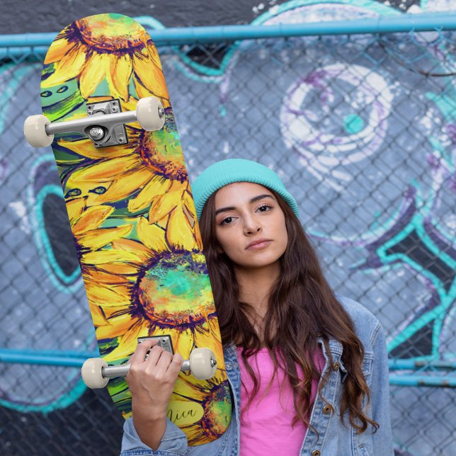 Stylish Bright Yellow Sunflower Art on Skateboard (Stylish Bright Yellow Sunflower Skateboard )