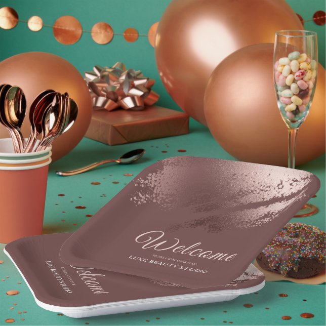 Stylish bronze business event party welcome paper plates (Multi)