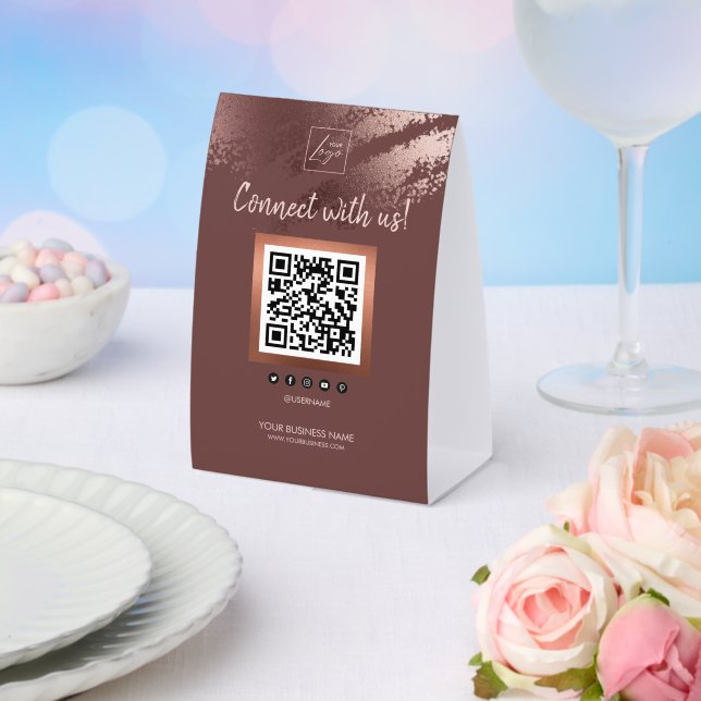 Stylish Bronze Business QR Code Social Media Paper Table Tent (Insitu(Wedding))