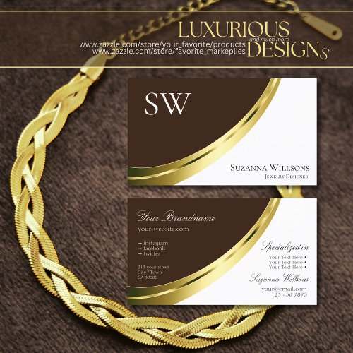 Stylish Brown and White Gold Decor with Monogram Business Card