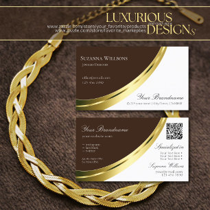 Stylish Brown and White Gold Decor with QR-Code Business Card