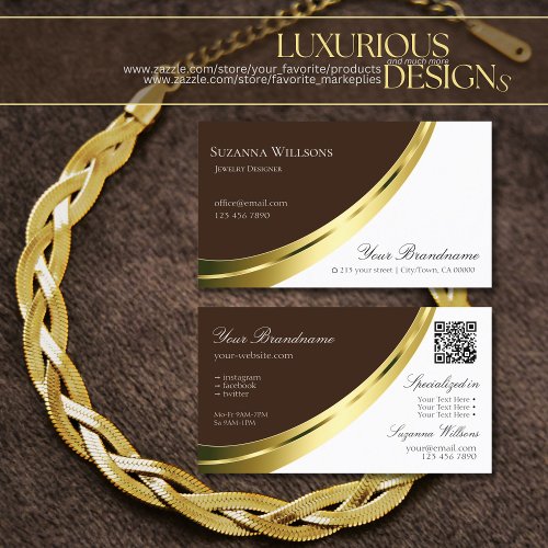 Stylish Brown and White Gold Decor with QR_Code Business Card