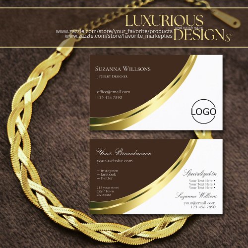 Stylish Brown and White Noble Gold Decor with Logo Business Card