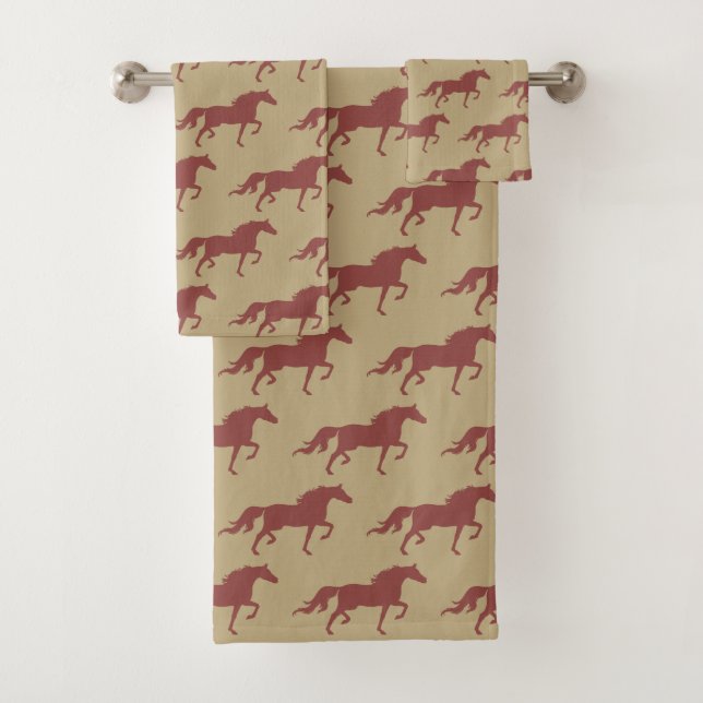 Stylish Brown Bay Horse Silhouettes on Beige Bath Towel Set (Insitu)