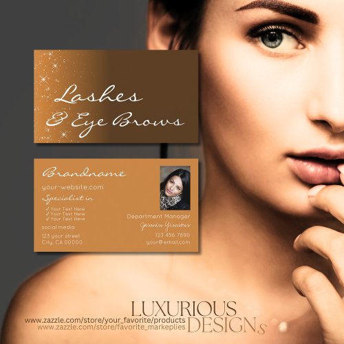 Stylish Brown Beige with Glitter Stars and Photo Business Card